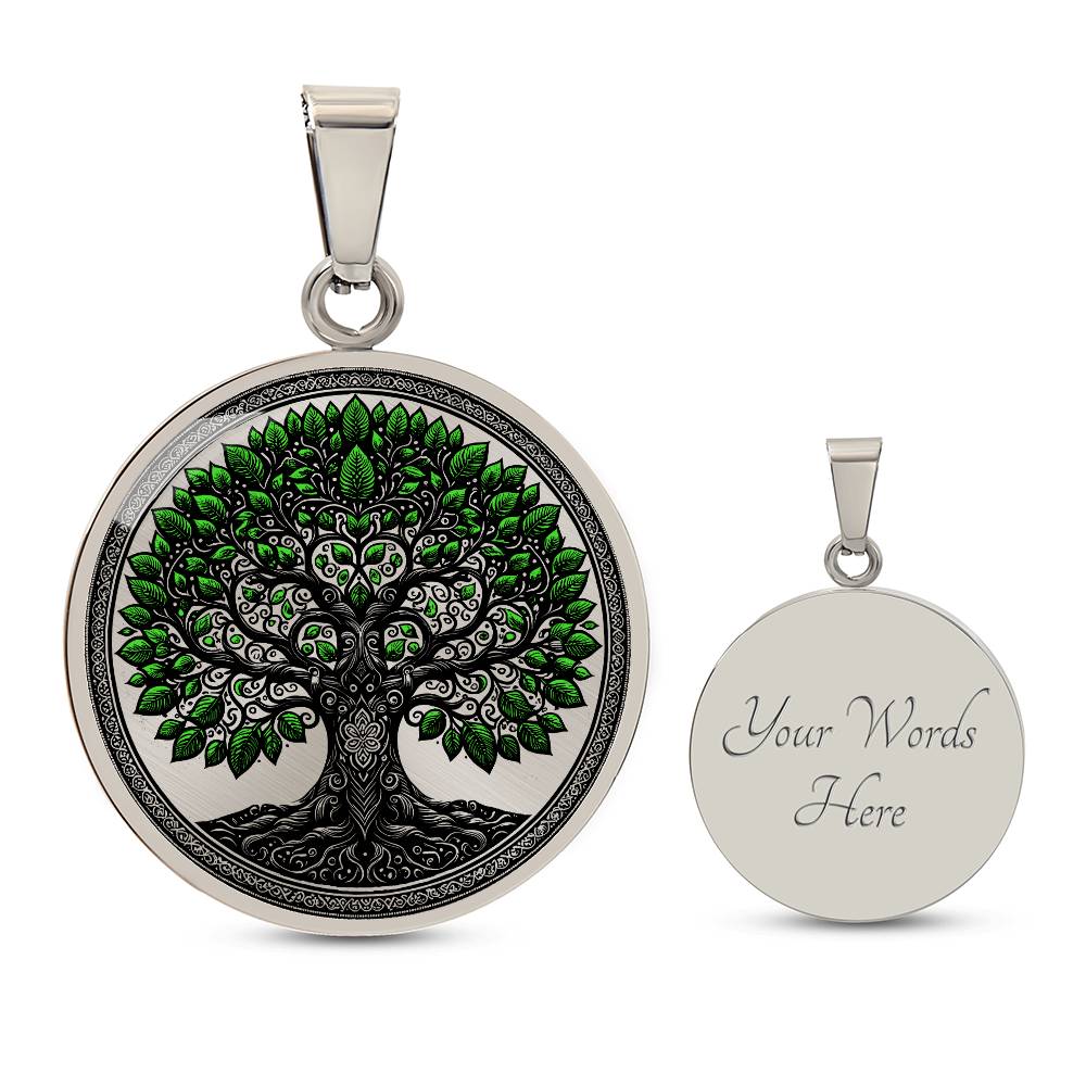 an Elegant silver pendant Celtic Tree of Life Necklace. Colors are black, silver and Green Leaves. This jewelry offers personalization with an engraving option for a name.
