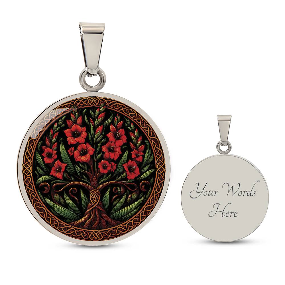an elegant silver pendant Gladiolus Tree of Life Necklace. The Colors are red, green, brown and black. This jewelry offers personalization with an engraving option for a name.