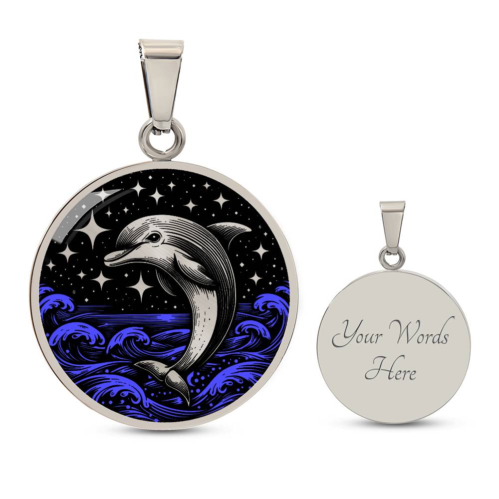 Elegant silver pendant featuring a vivid Silver Dolphin Necklace with a Stars and Ocean Waves set against a silver and black backdrop. This jewelry offers personalization with an engraving option for a name.
