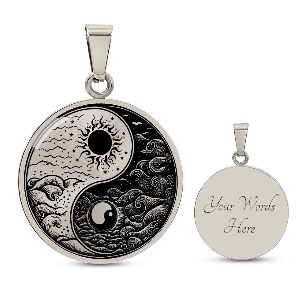 An Elegant silver pendant featuring a vivid Silver and Black Sun and Moon Necklace. This jewelry offers personalization with an engraving option for a name.