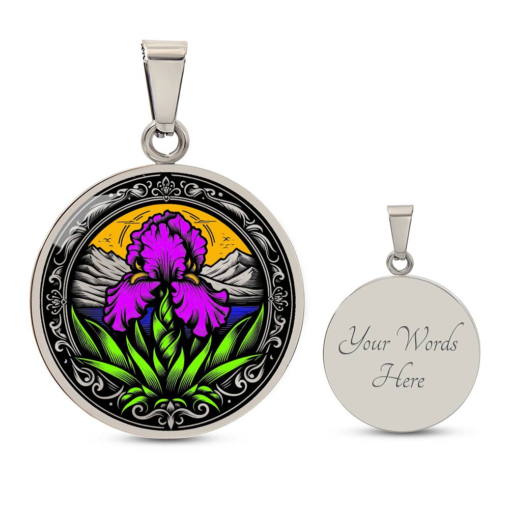 Februarys birth month flower Elegant silver pendant necklace featuring a vivid Purple Iris set against a sunset mountains with a river, the mountains are colored by the metal shinning through. This necklace offers personalization option for a name.