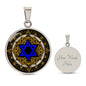 An Elegant silver pendant featuring a Vintage Design with a vivid blue Star of David Necklace, set against a gold, silver and black backdrop. This jewelry offers personalization with an engraving option for a name.