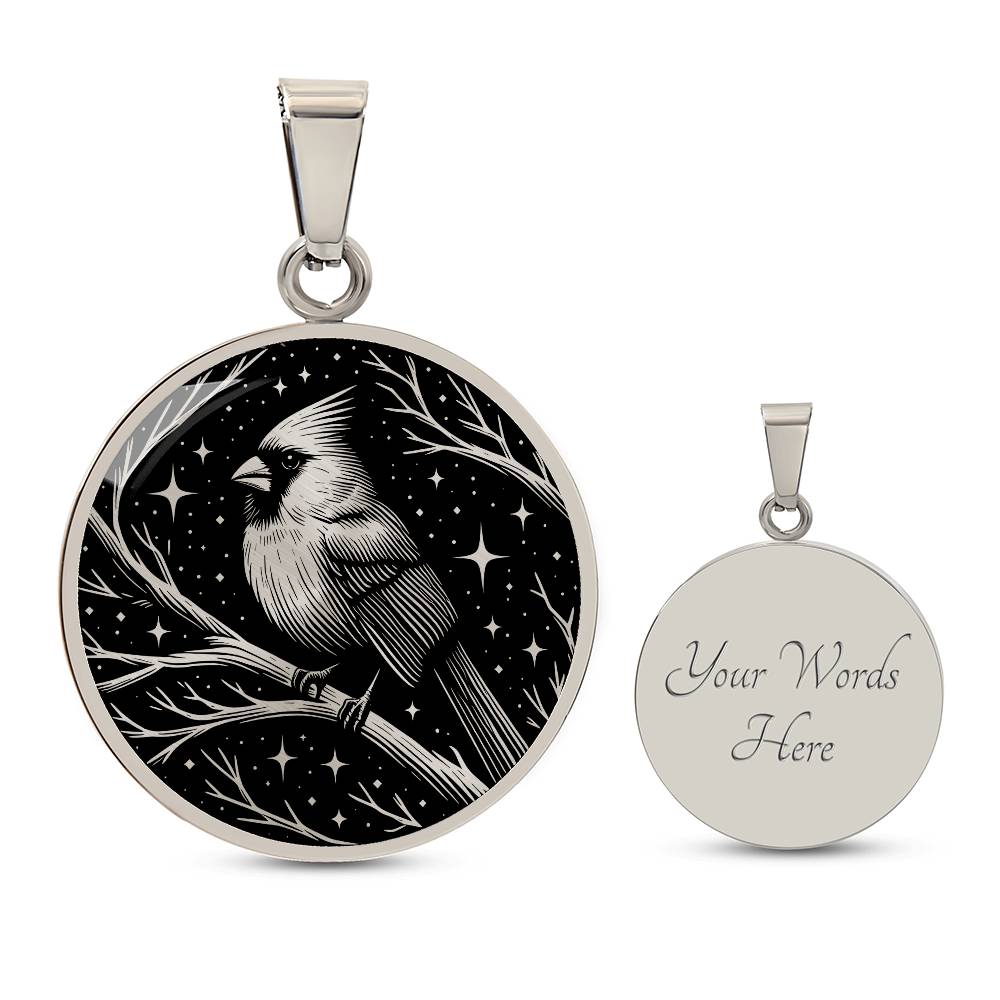 An Elegant silver pendant featuring a vivid Silver Northern Cardinal Necklace with Stars and a tree Branch all in a silver and black backdrop. This jewelry offers personalization with an engraving option for a name.