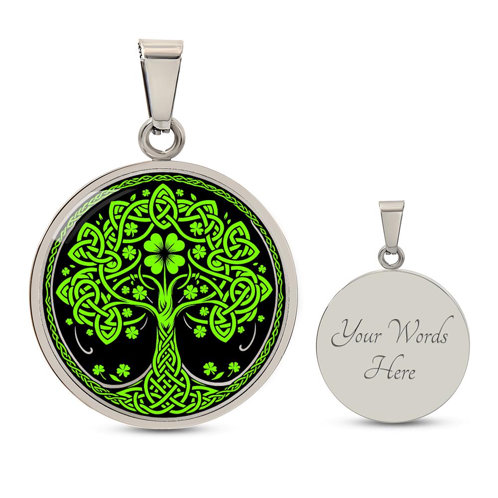 Elegant Silver pendant featuring a vivid Green Celtic four leaf Clover Tree of Life Necklace, set against a Black & silver backdrop. This jewelry offers personalization with an engraving option for a name.