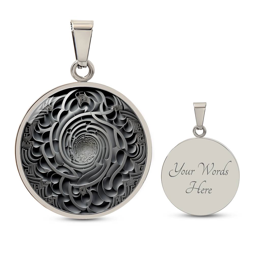 an Elegant silver pendant Maze Victorian necklace. The maze colors are silver and grey. This jewelry offers personalization with an engraving option for a name.