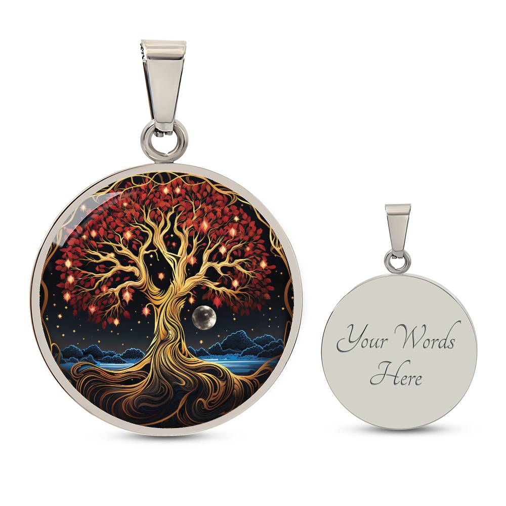 Elegant silver pendant featuring a Tree of Life Necklace, set against a Night Sky backdrop. This jewelry offers personalization with an engraving option for a name.