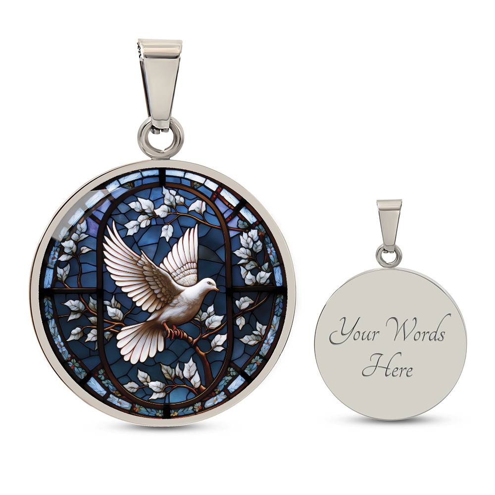 An elegant silver pendant White Dove Necklace. The Colors are white, brown and blue This jewelry offers personalization with an engraving option for a name.