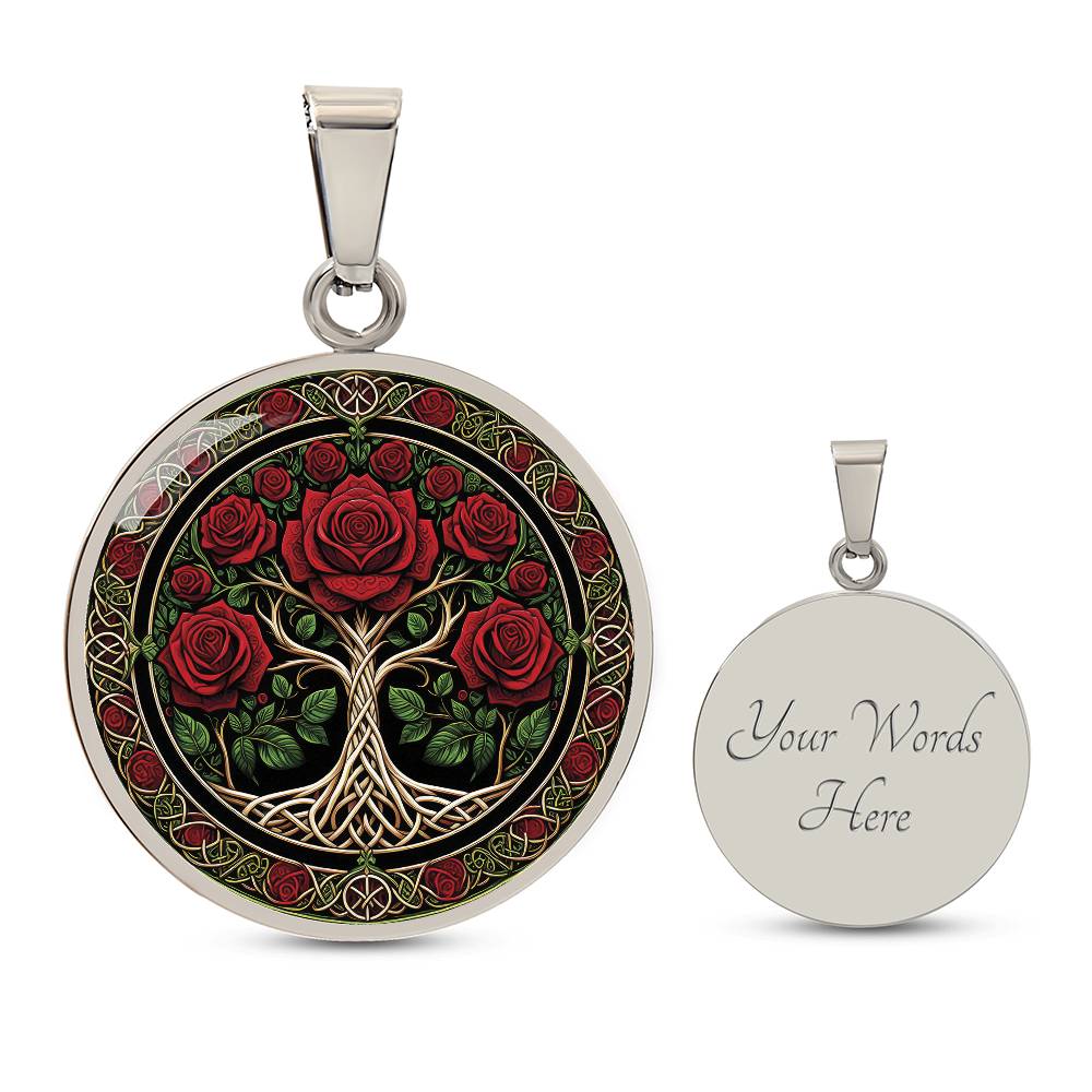 an elegant silver pendant Rose Tree of Life Necklace. The Colors are red, green, white and black. This jewelry offers personalization with an engraving option for a name.