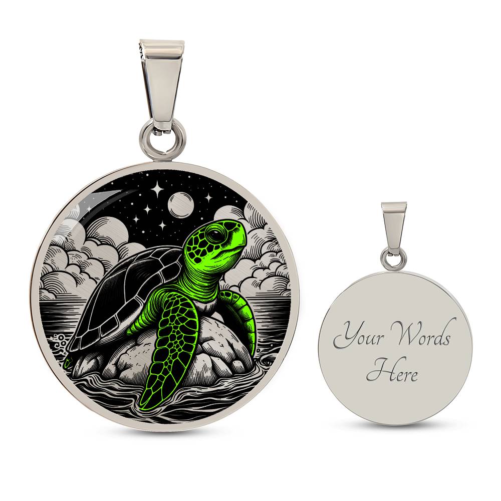 Elegant silver pendant featuring a vivid Green Turtle Necklace with a moon, Stars, Clouds and Ocean set against a black backdrop. This jewelry offers personalization with an engraving option for a name.