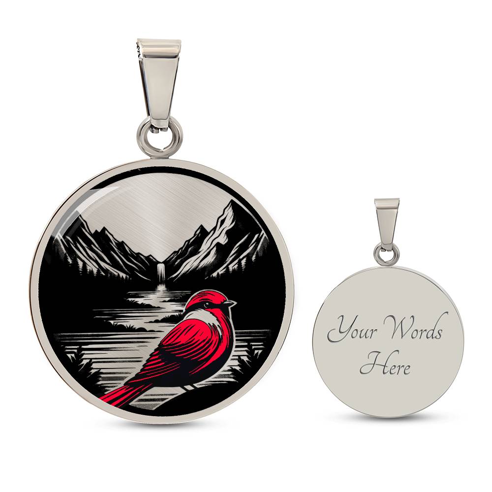An elegant silver pendant Red Cardinal Necklace. The colors are silver, red and black. This jewelry offers personalization with an engraving option for a name.