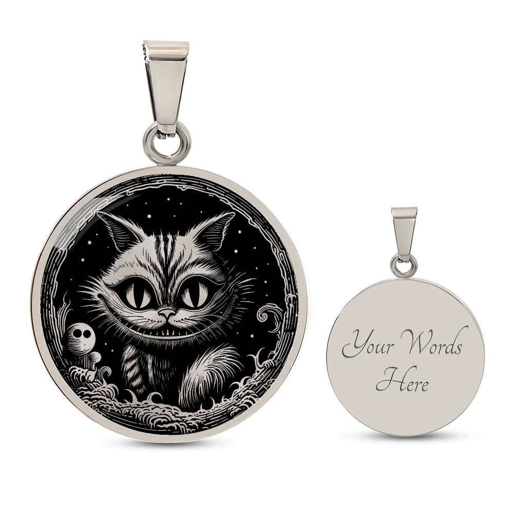 An elegant silver pendant Cheshire Cat Necklace. The colors are gold and black. This necklace offers personalization with an engraving option for a name.