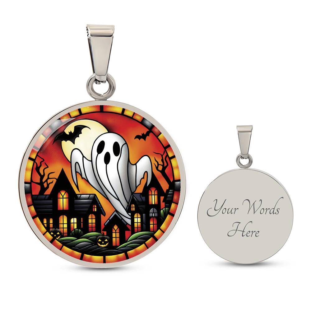 An elegant silver pendant Halloween Ghost Necklace. The colors are white, black, yellow, orange and green. This jewelry offers personalization with an engraving option for a name.