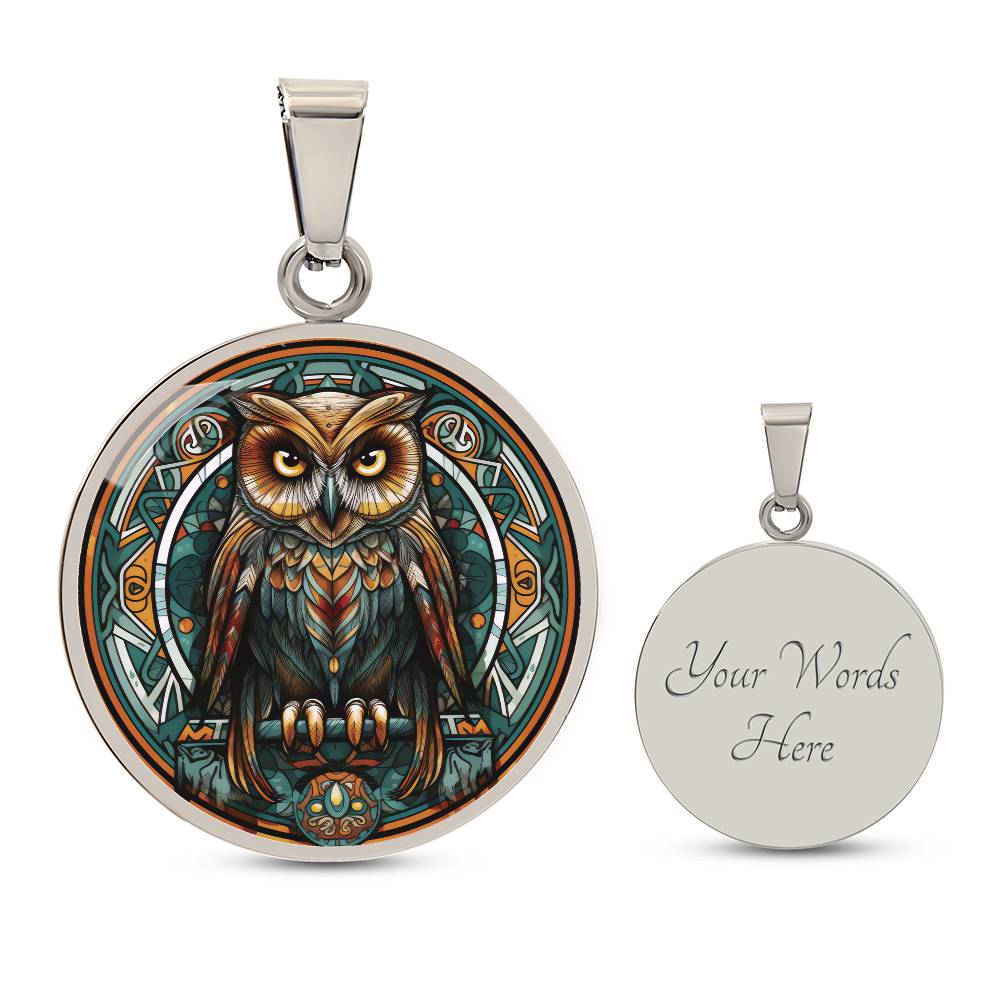 An elegant silver pendant featuring a Celtic Owl Necklace, set against a Green and orange backdrop. This jewelry offers personalization with an engraving option for a name.
