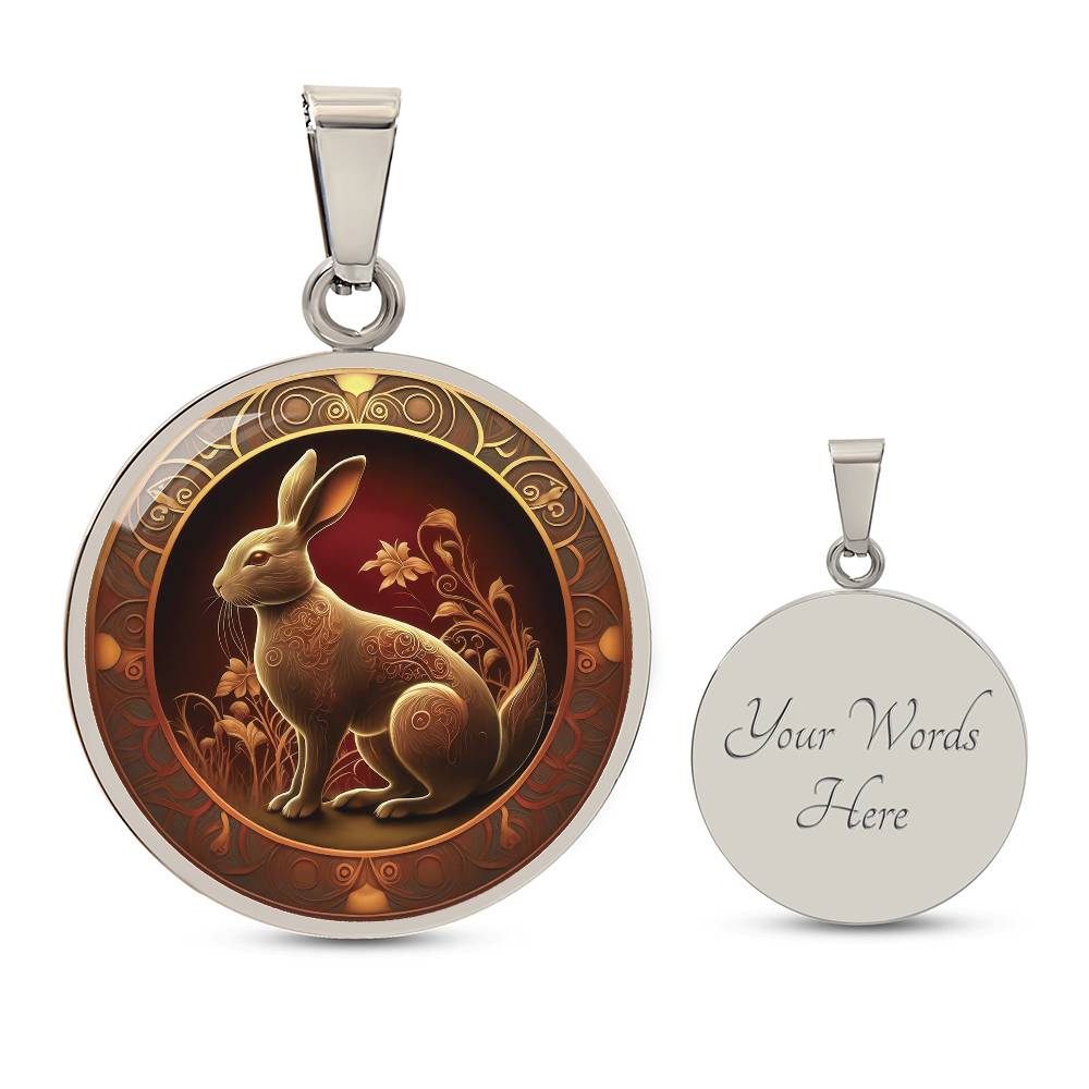 an elegant silver pendant Bunny Rabbit Necklace. The Colors are Red, Yellow and Black. This jewelry offers personalization with an engraving option for a name.