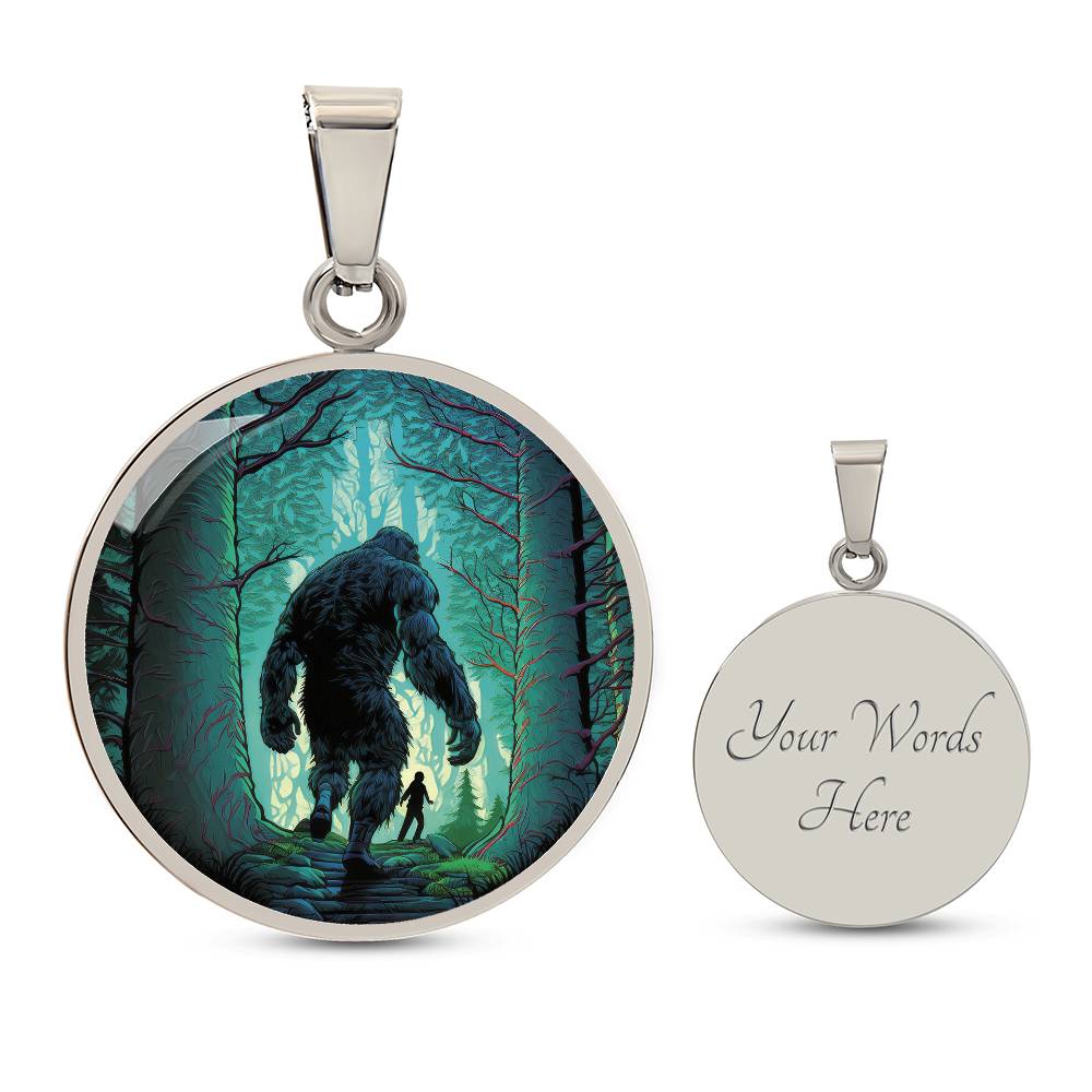 an Elegant silver pendant Bigfoot Necklace. Colors are Green, Brown, Black, Blue and White. This jewelry offers personalization with an engraving option for a name.