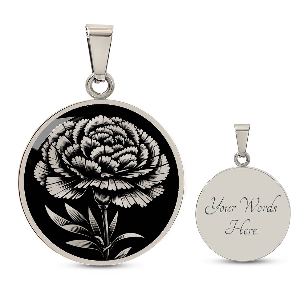 an Elegant January Silver pendant Carnation Birth Flower necklace featuring a vivid silver flower, set against a black backdrop. This jewelry offers personalization with an engraving option for a name.