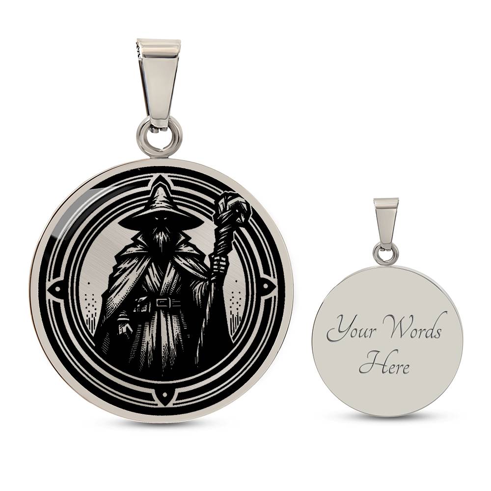 An Elegant silver pendant featuring a Fantasy Wizard Necklace in silver and black. This jewelry offers personalization with an engraving option for a name.