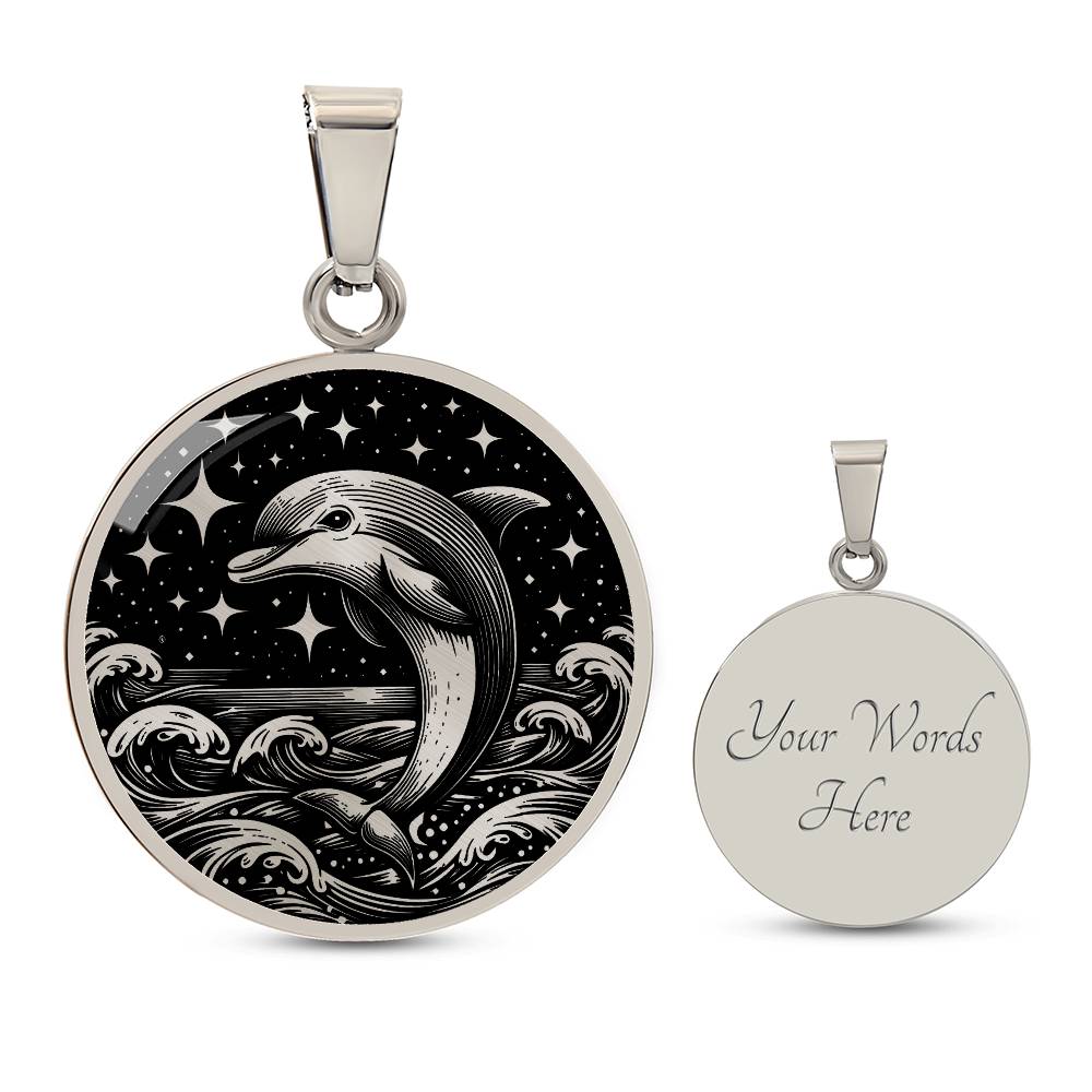 Elegant silver pendant featuring a vivid Silver Dolphin Necklace with a Stars and Ocean Waves set against a silver and black backdrop. This jewelry offers personalization with an engraving option for a name.
