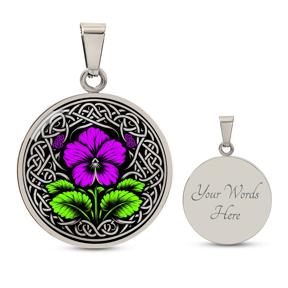 Elegant silver pendant featuring a vivid Purple Violet Birth Flower Necklace, February birth month flower, set against a Silver & Black backdrop with a Celtic border. This jewelry offers personalization engraving option for a name