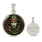 an Elegant silver pendant Medusa necklace. The colors are green hair, white skin, brown background. This jewelry offers personalization with an engraving option for a name.