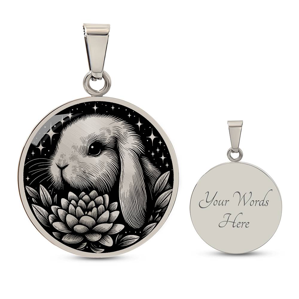 Elegant silver pendant Water Lily Bunny necklace. Colors are silver with a black background. This jewelry offers personalization with an engraving option for a name.