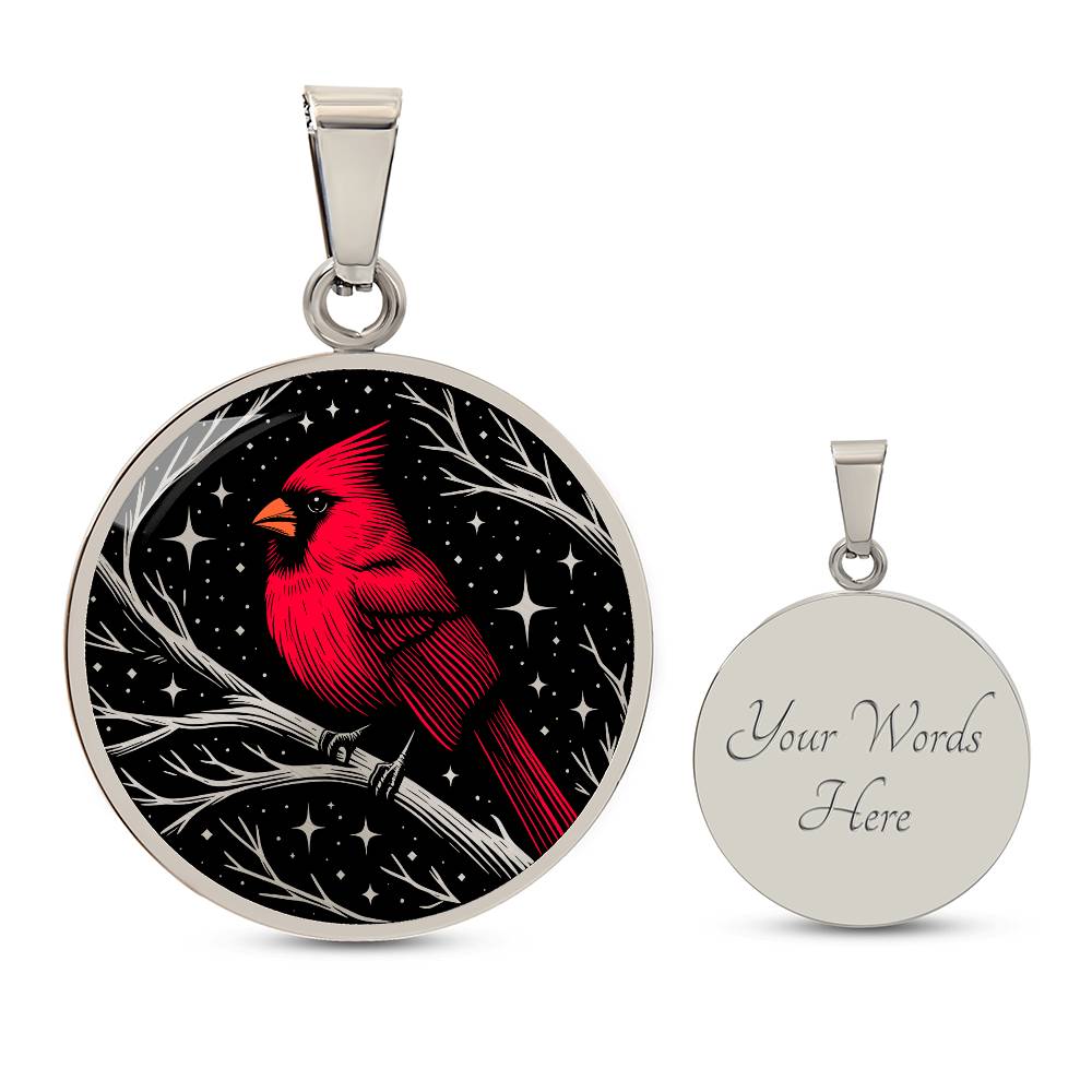 An Elegant silver pendant featuring a vivid Red Northern Cardinal Necklace with Stars and a tree Branch all in a silver and black backdrop. This jewelry offers personalization with an engraving option for a name.