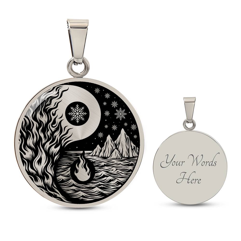 Elegant silver pendant featuring a vivid Silver Fire, Water, snowflakes and Icebergs. set against a Black backdrop. This jewelry offers personalization with an engraving option for a name.