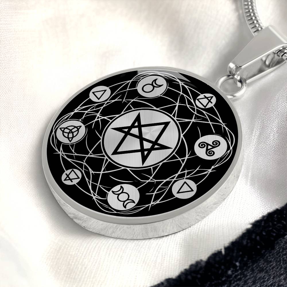 an Elegant silver Hexagram Gothic Necklace with the symbols Earth, Fire, Water, Air, God, Goddess, Unicursal, Triskelion and Triquetra, in Black/Silver backdrop. This jewelry offers personalization with an engraving option for a name.