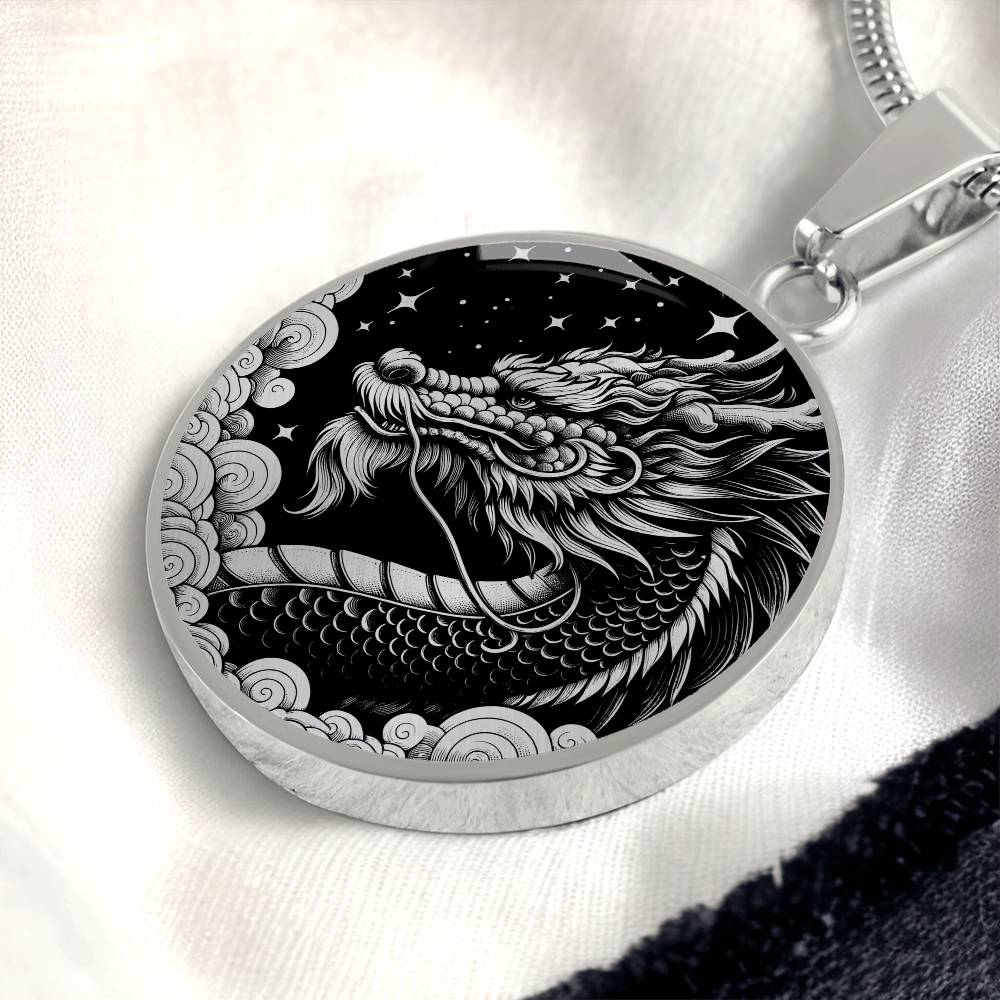 an Elegant silver pendant Chinese Dragon necklace featuring a vivid silver dragon with stars and clouds set against a black backdrop. This jewelry offers personalization with an engraving option for a name.