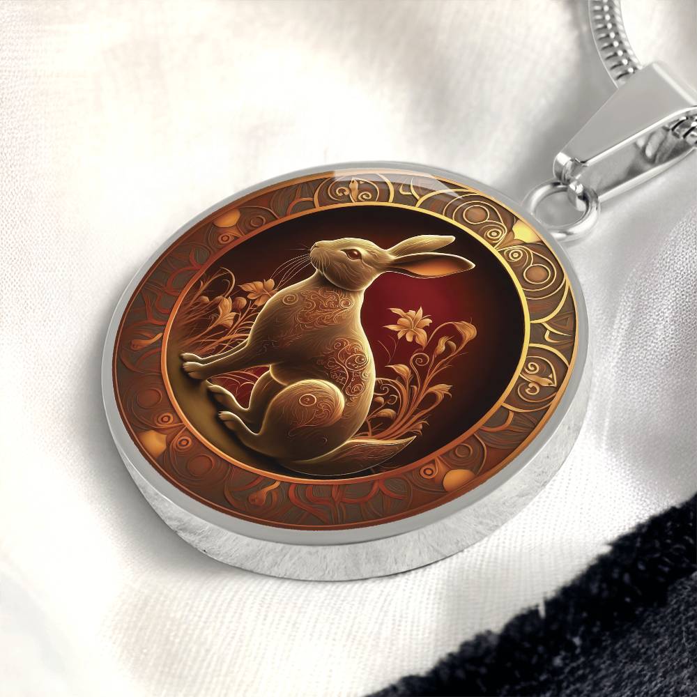 an elegant silver pendant Bunny Rabbit Necklace. The Colors are Red, Yellow and Black. This jewelry offers personalization with an engraving option for a name.