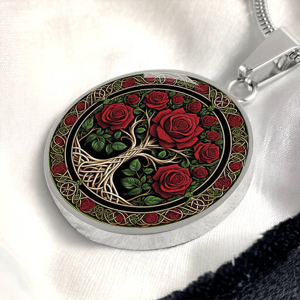 an elegant silver pendant Rose Tree of Life Necklace. The Colors are red, green, white and black. This jewelry offers personalization with an engraving option for a name.