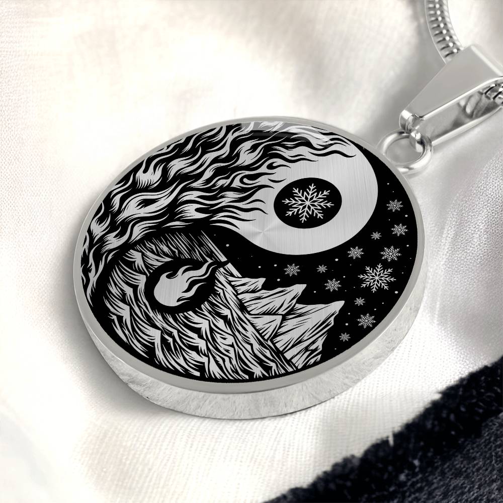 Elegant silver pendant featuring a vivid Silver Fire, Water, snowflakes and Icebergs. set against a Black backdrop. This jewelry offers personalization with an engraving option for a name.