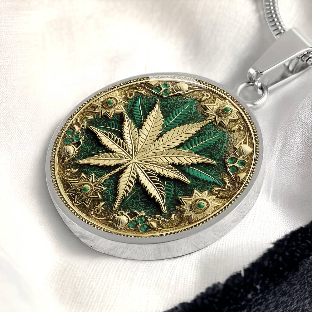 an Elegant silver pendant Weed Leaf necklace featuring a Green and Gold Marijuana Leaf. This jewelry offers personalization with an engraving option for a name.
