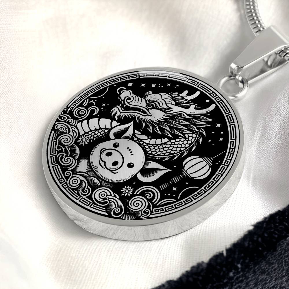 An Elegant silver pendant featuring a Year of the Pig and Year of The Dragon Necklace in silver and black. This jewelry offers personalization with an engraving option for a name.