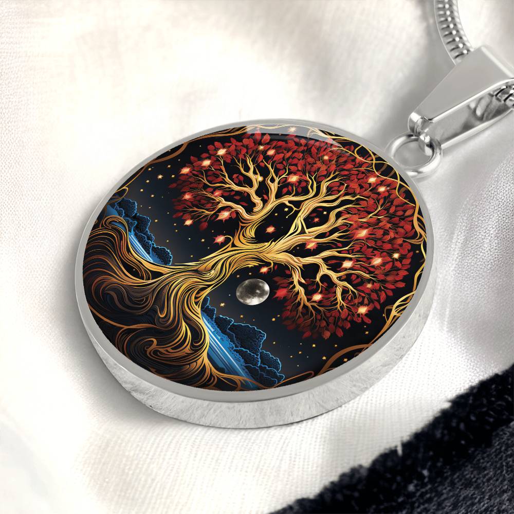 Elegant silver pendant featuring a Tree of Life Necklace, set against a Night Sky backdrop. This jewelry offers personalization with an engraving option for a name.