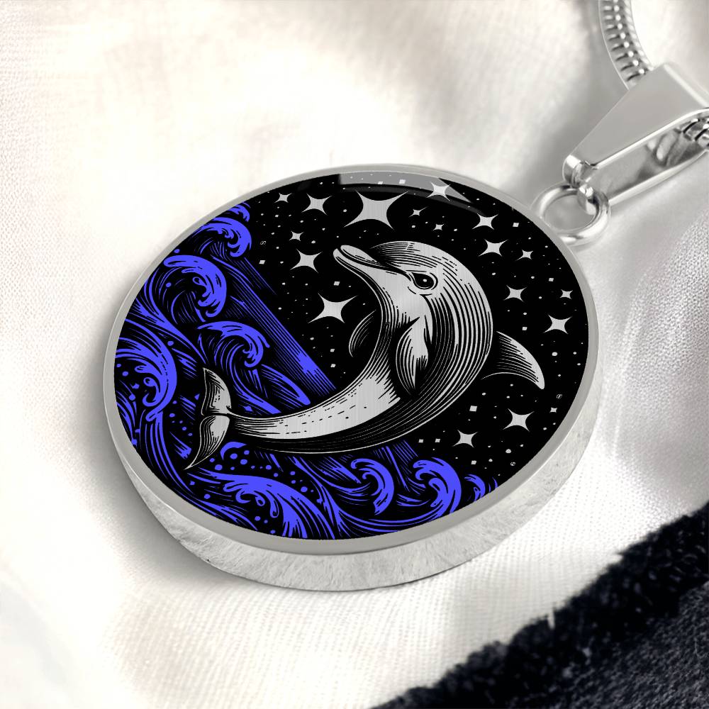 Elegant silver pendant featuring a vivid Silver Dolphin Necklace with a Stars and Ocean Waves set against a silver and black backdrop. This jewelry offers personalization with an engraving option for a name.