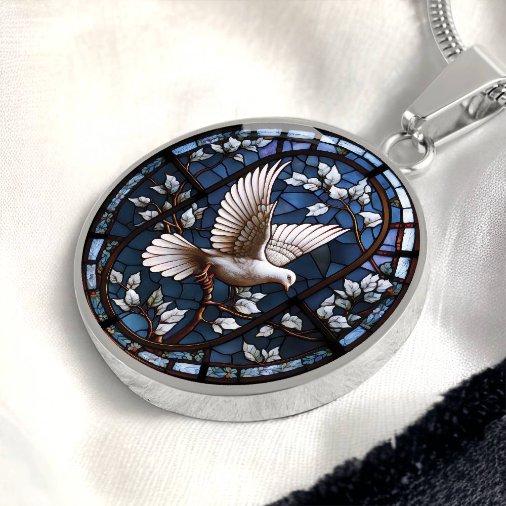 An elegant silver pendant White Dove Necklace. The Colors are white, brown and blue This jewelry offers personalization with an engraving option for a name.