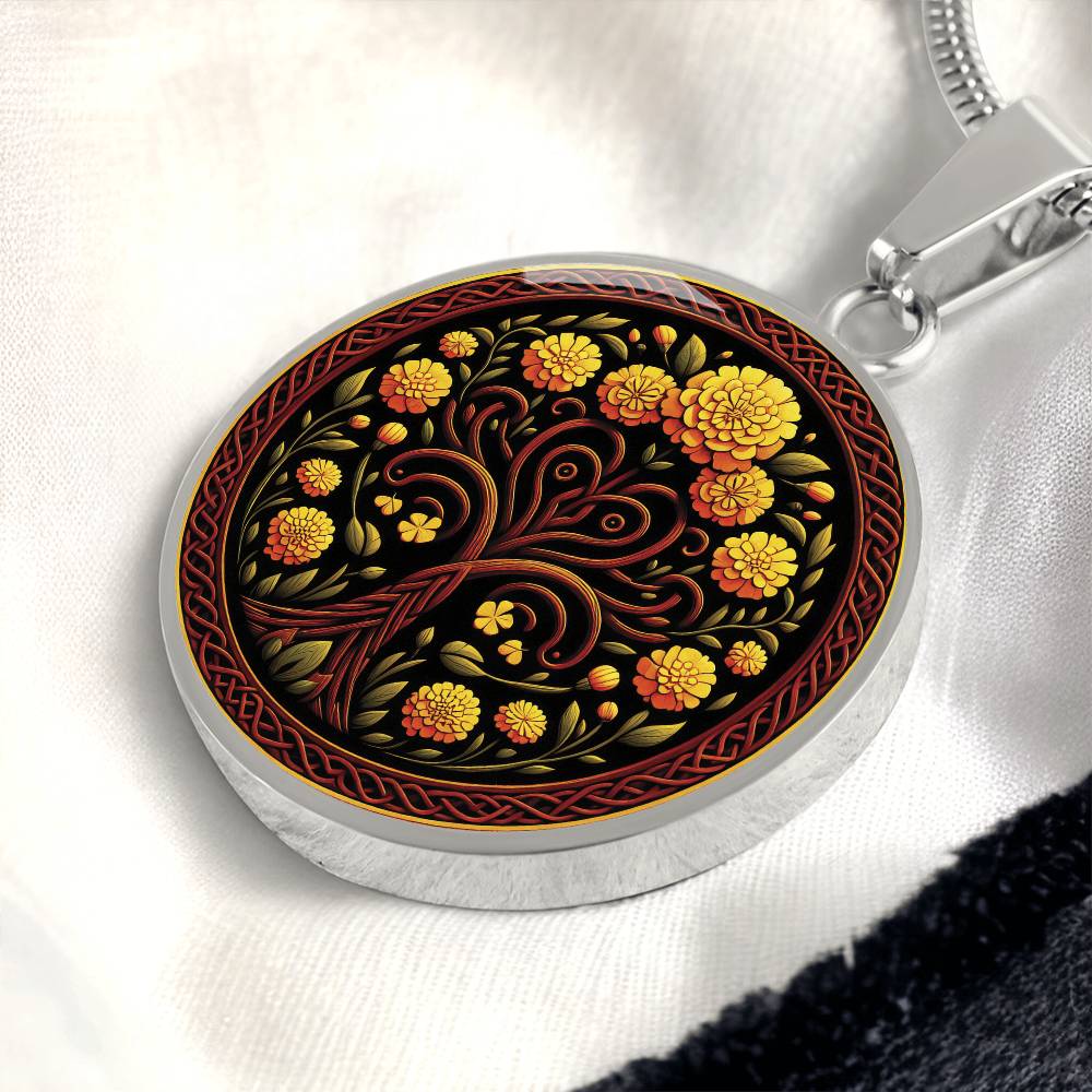 an elegant silver pendant Marigold Celtic Tree of Life Necklace. The Colors are yellow, green, brown and black. This jewelry offers personalization with an engraving option for a name.