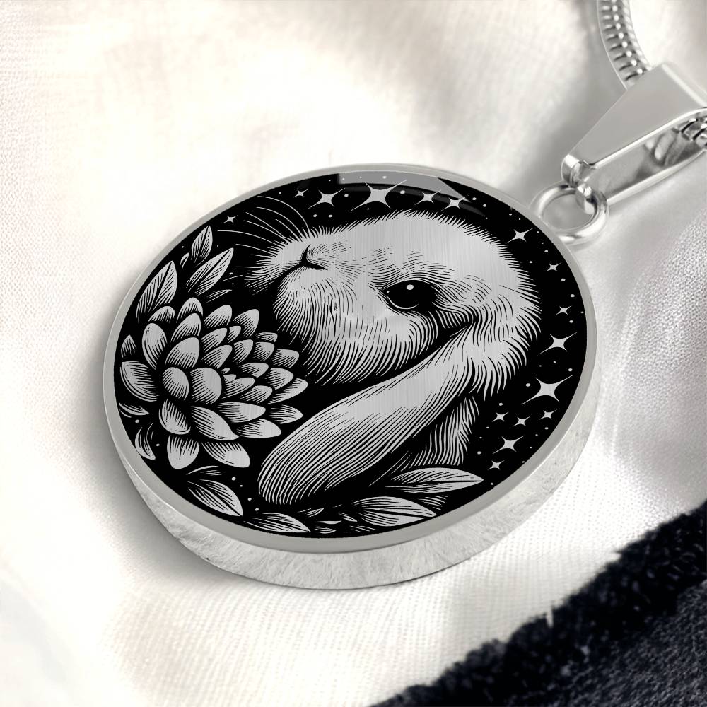 Elegant silver pendant Water Lily Bunny necklace. Colors are silver with a black background. This jewelry offers personalization with an engraving option for a name.