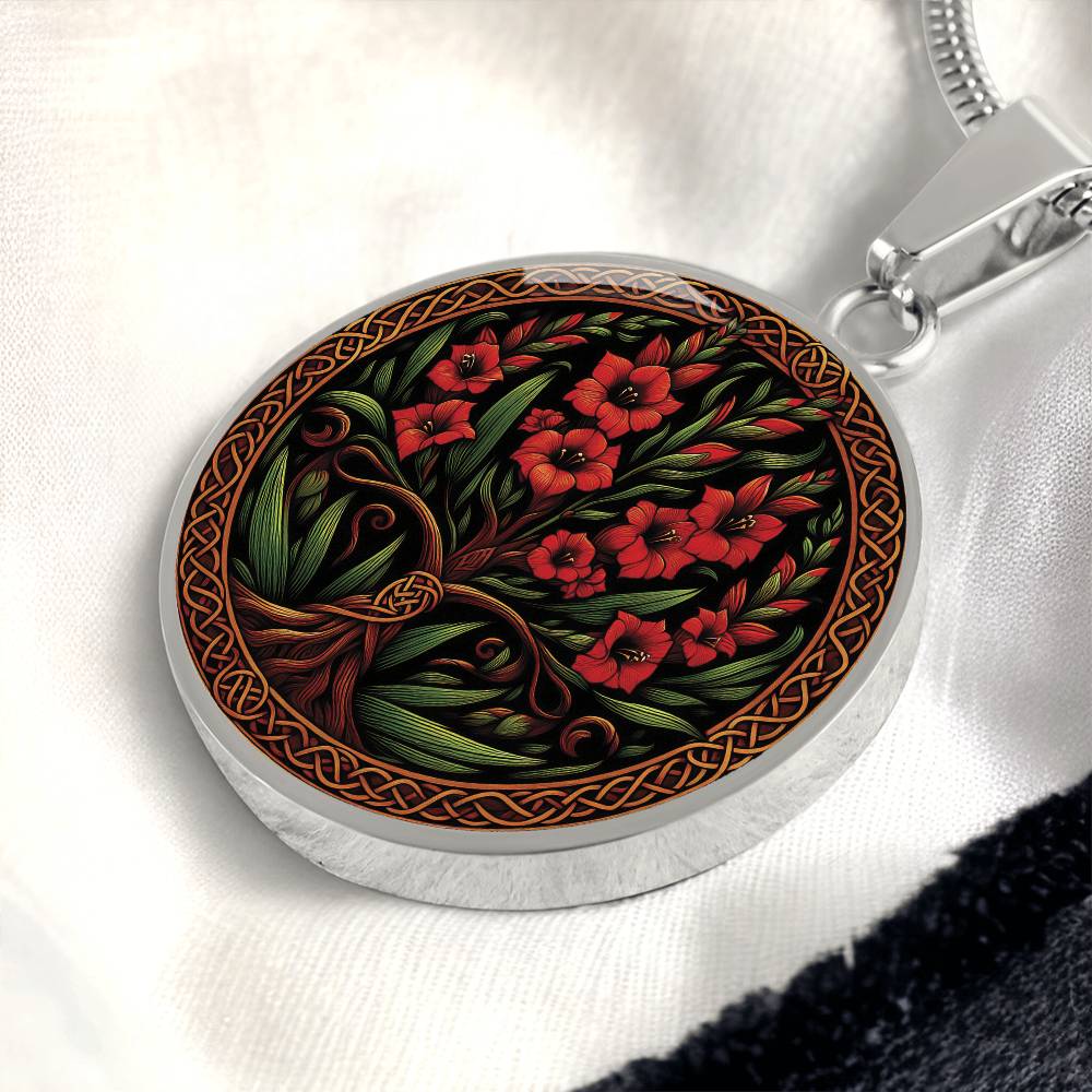 an elegant silver pendant Gladiolus Tree of Life Necklace. The Colors are red, green, brown and black. This jewelry offers personalization with an engraving option for a name.
