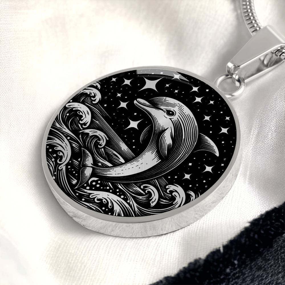 Elegant silver pendant featuring a vivid Silver Dolphin Necklace with a Stars and Ocean Waves set against a silver and black backdrop. This jewelry offers personalization with an engraving option for a name.