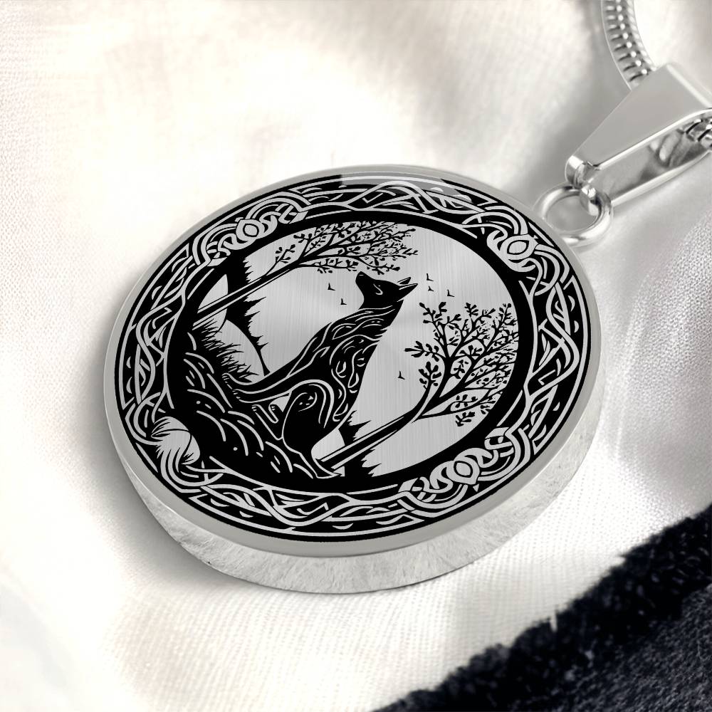 An Elegant silver pendant Celtic Wolf necklace With a silver and Black background. This jewelry offers personalization with an engraving option for a name.