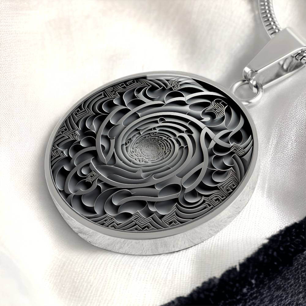 an Elegant silver pendant Maze Victorian necklace. The maze colors are silver and grey. This jewelry offers personalization with an engraving option for a name.