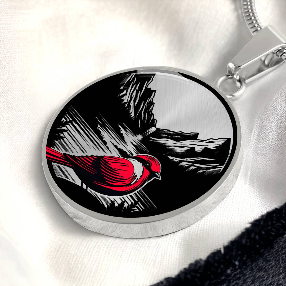 An elegant silver pendant Red Cardinal Necklace. The colors are silver, red and black. This jewelry offers personalization with an engraving option for a name.