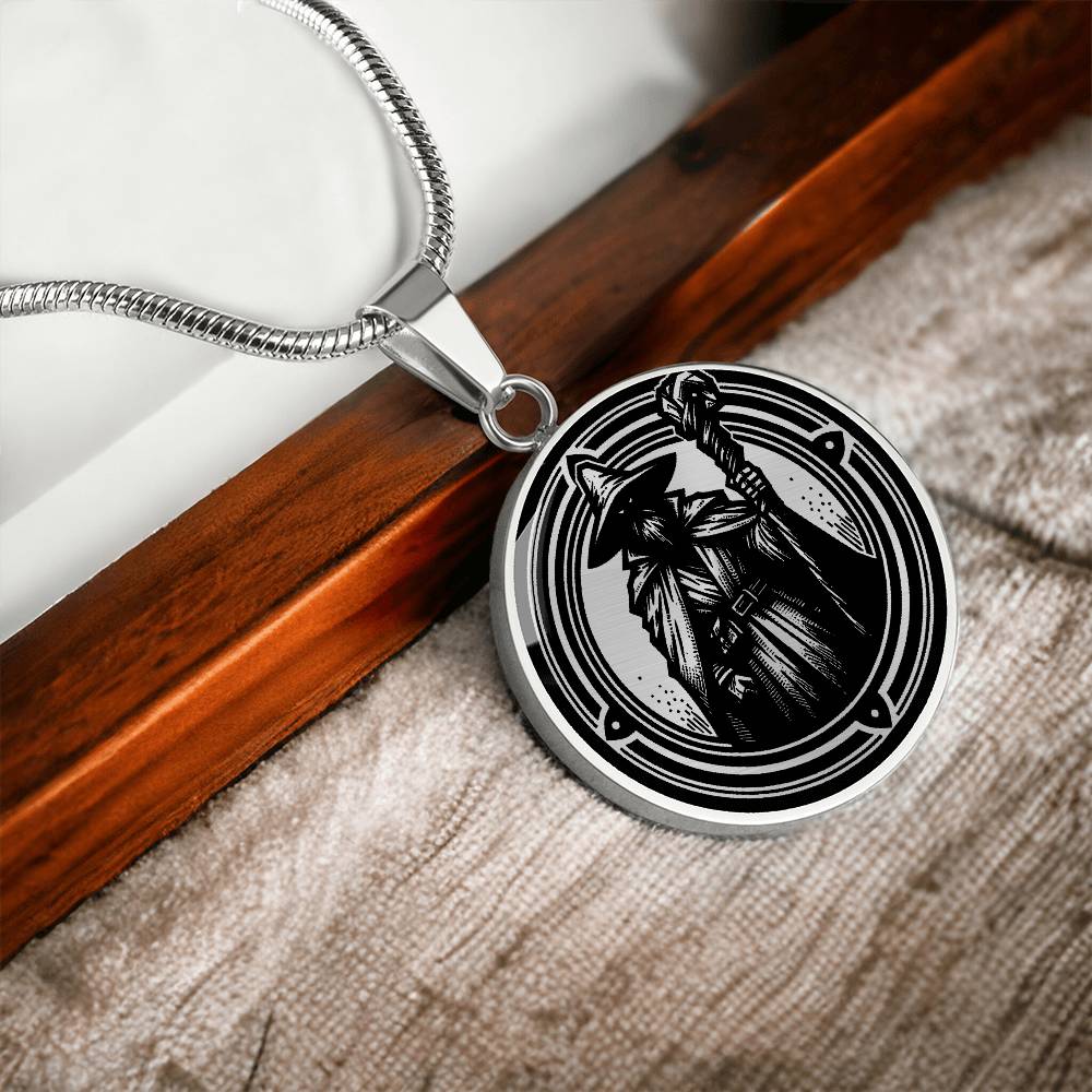 An Elegant silver pendant featuring a Fantasy Wizard Necklace in silver and black. This jewelry offers personalization with an engraving option for a name.