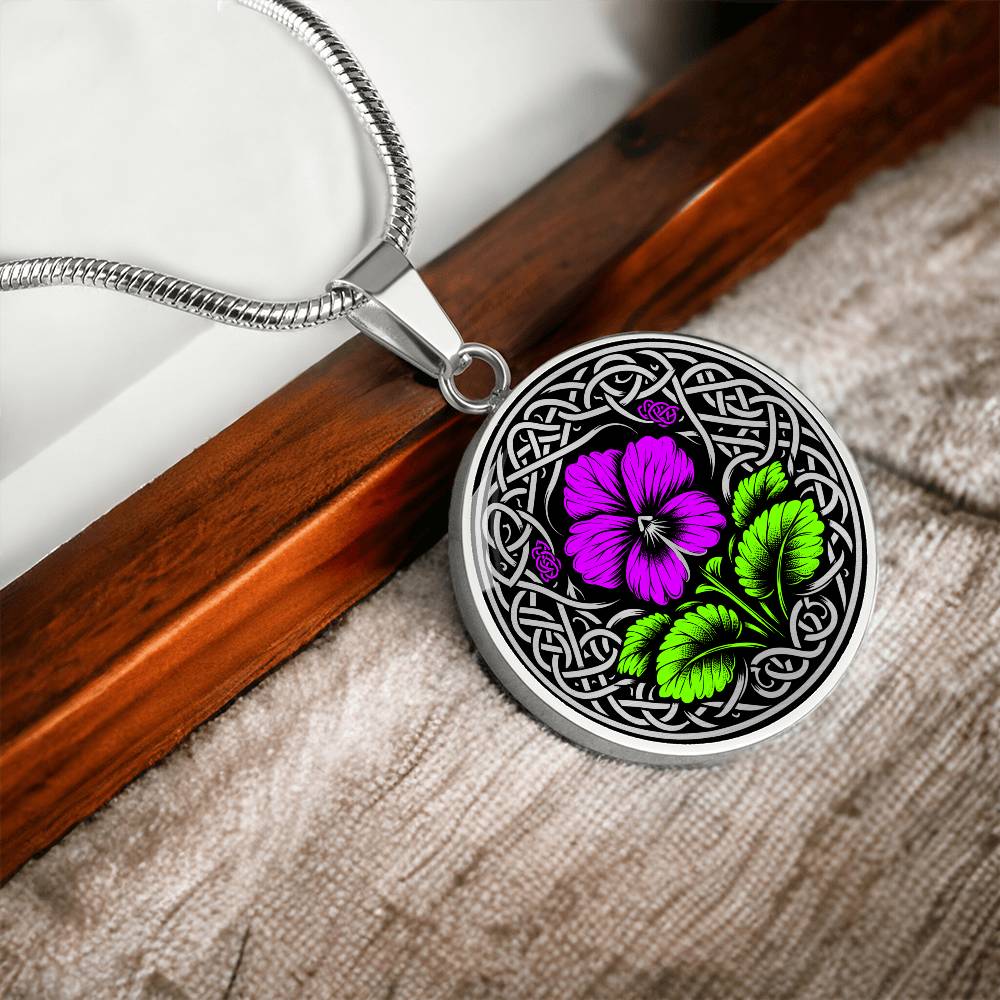 Elegant silver pendant featuring a vivid Purple Violet Birth Flower Necklace, February birth month flower, set against a Silver & Black backdrop with a Celtic border. This jewelry offers personalization engraving option for a name