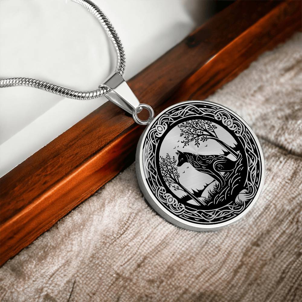 An Elegant silver pendant Celtic Wolf necklace With a silver and Black background. This jewelry offers personalization with an engraving option for a name.