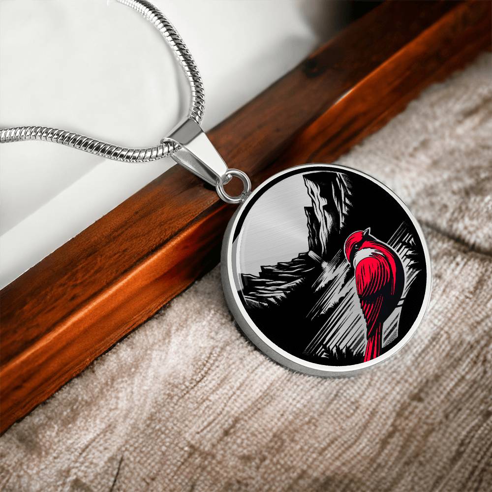 An elegant silver pendant Red Cardinal Necklace. The colors are silver, red and black. This jewelry offers personalization with an engraving option for a name.