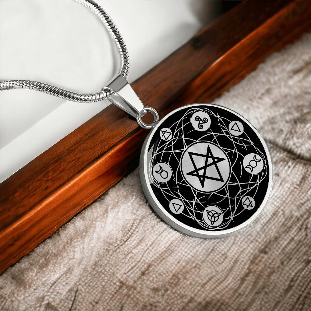 an Elegant silver Hexagram Gothic Necklace with the symbols Earth, Fire, Water, Air, God, Goddess, Unicursal, Triskelion and Triquetra, in Black/Silver backdrop. This jewelry offers personalization with an engraving option for a name.