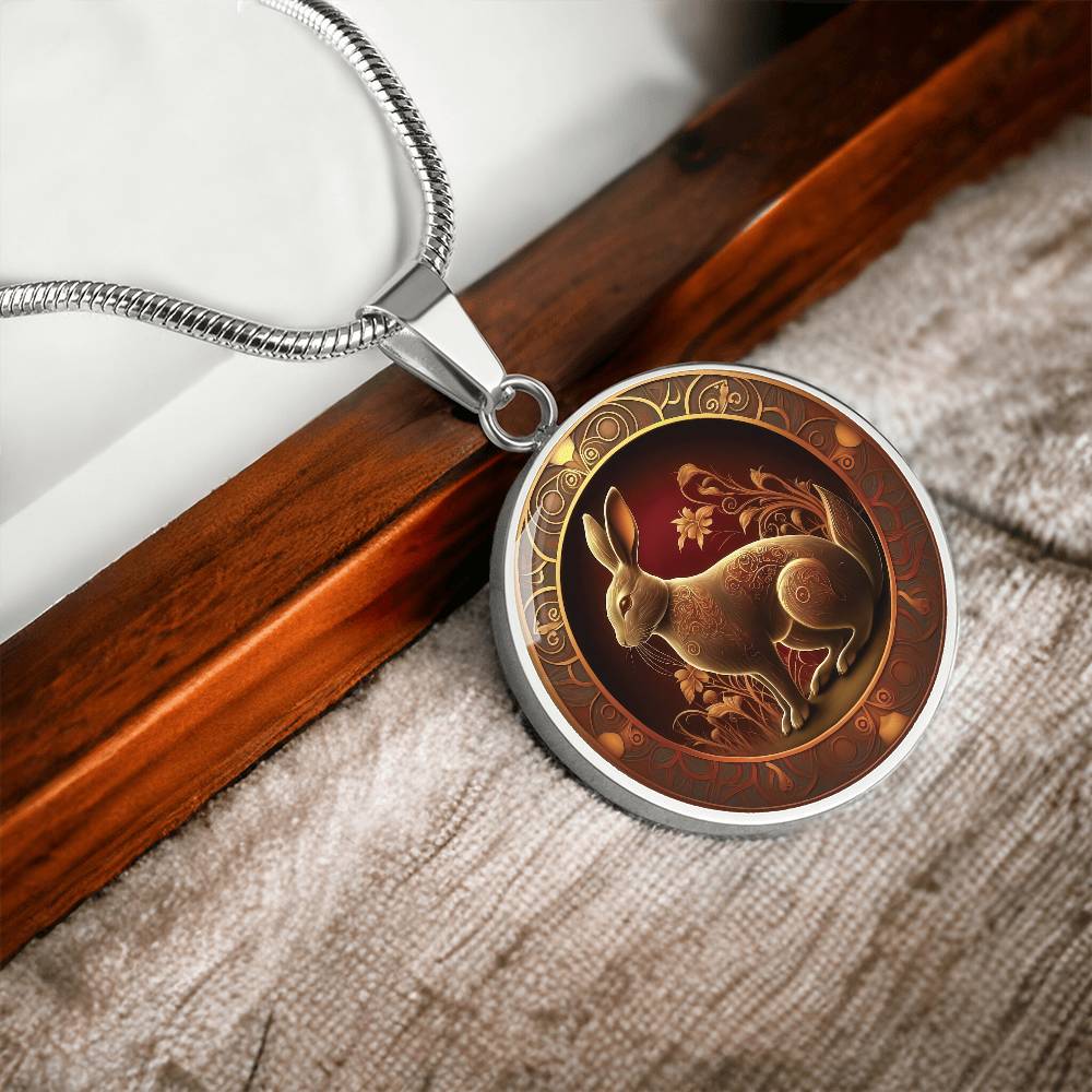 an elegant silver pendant Bunny Rabbit Necklace. The Colors are Red, Yellow and Black. This jewelry offers personalization with an engraving option for a name.